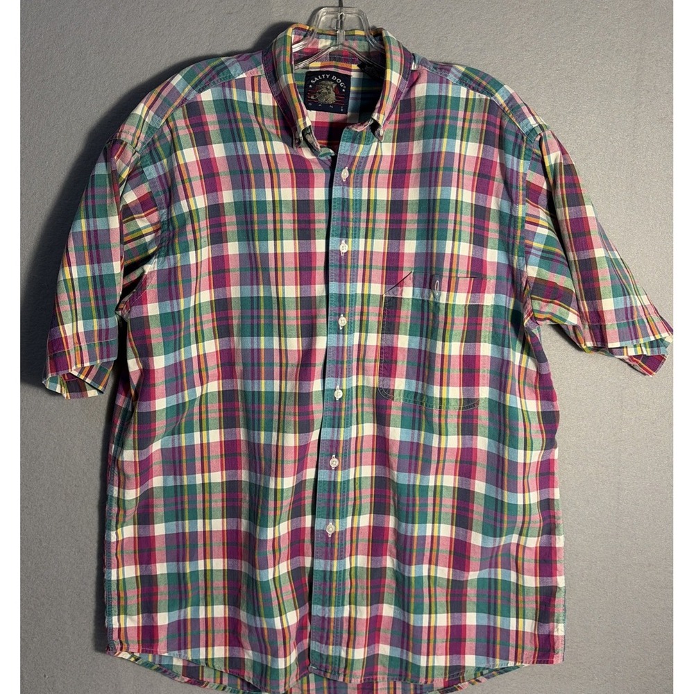 Vintage Mens Salty Dog Gant Madras Plaid Short Sleeve Shirt Size L Costal Preppy